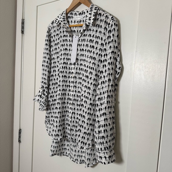 Jane Delancey Shirt Womens L White Black Parrot Bird Wire Long Sleeve Button Up - Picture 2 of 12